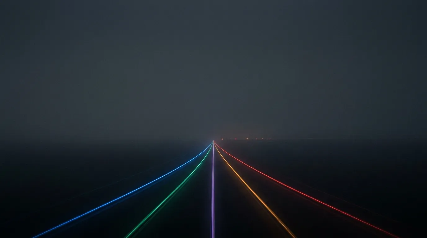 Five divergent paths of light receding into a dark horizon